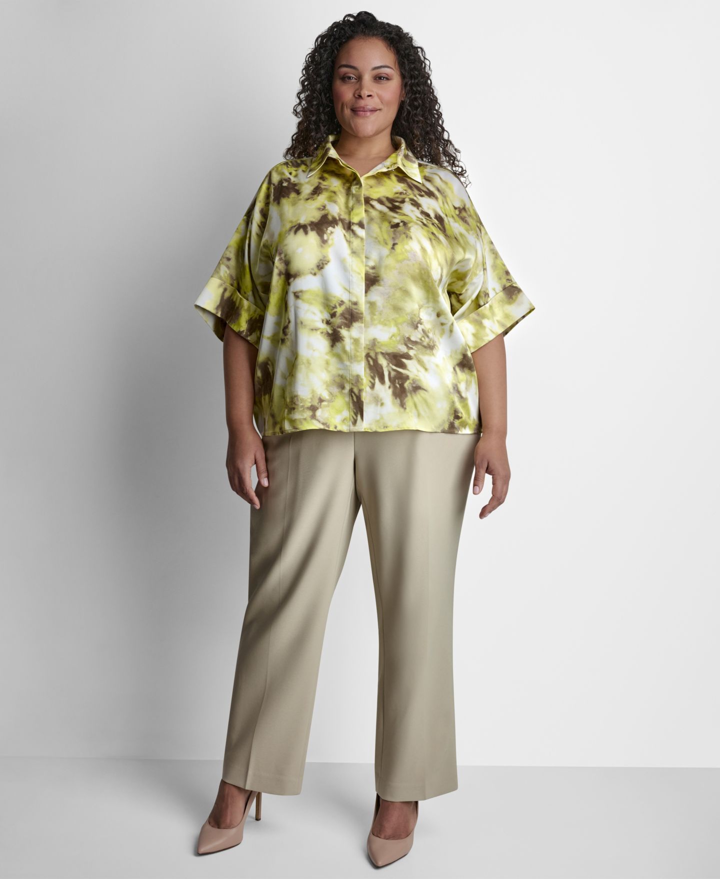 Женский топ DKNY Plus Size Collared Neck Satin, цвет: Шалфейный / Лаймовый зелёный — фото 2