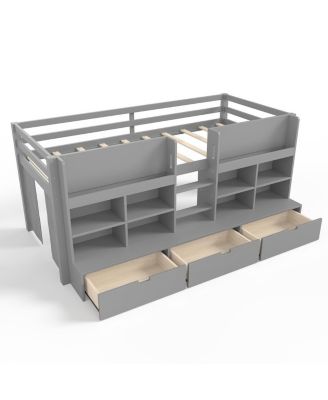 Twin XL Loft Bed w/ Multi-Storage Shelves, Curtain & Chalkboard