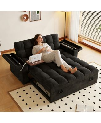 65-inch 3-in-1 foldable sofa bed with table, storage armrests, velvet finish