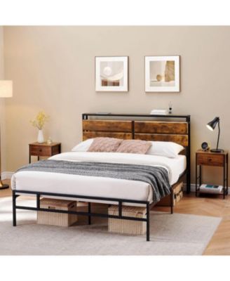 Queen Bed Frame with Storage headboard Metal Platform Bed Frame Queen Size Bed Frame with Rustic Vintage Wood