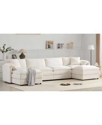 136" Chenille Modular Sectional Sofa with Deep Seat & Movable Ottoman