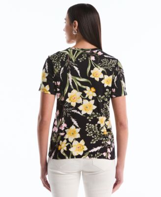 Petite Garden Print Button Detail Short-Sleeve Top
