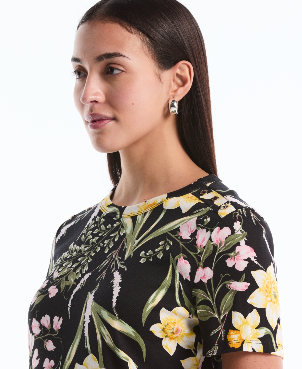 Rafaella Petite Garden Print Button Detail Short-Sleeve Top
