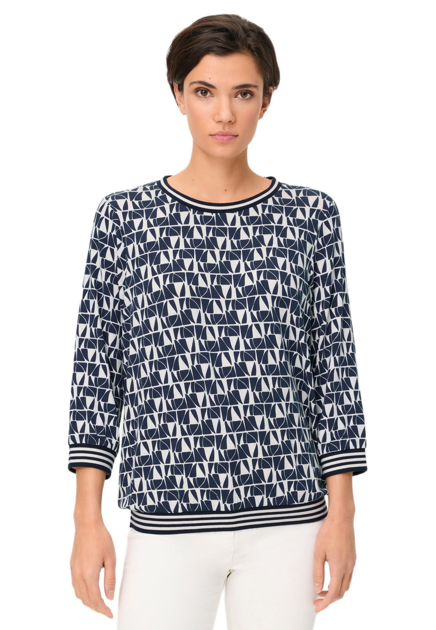 Women's Allover Geo Print T-Shirt with Stripe Trim