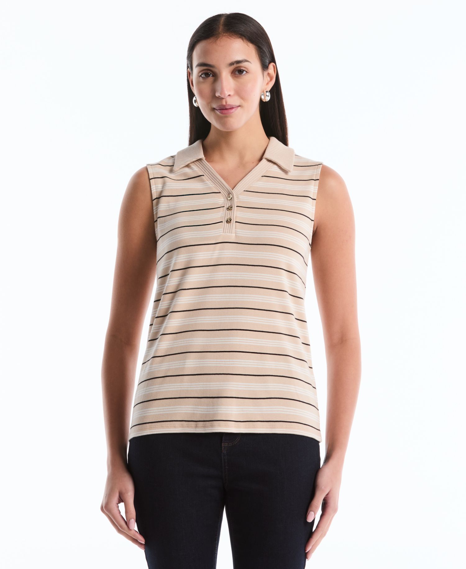 Petite Stripe Sleeveless Polo Top