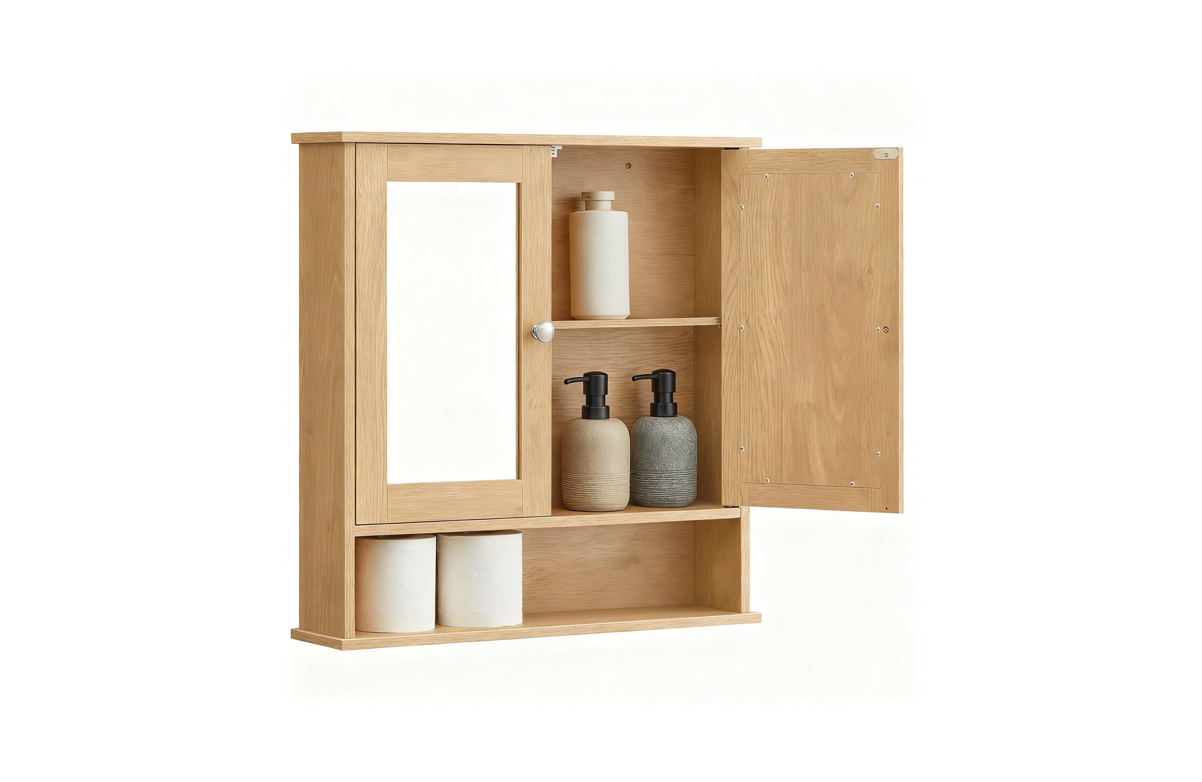 Yigii Bathroom Mirror Cabinet with 2 Doors, Adjustable Shelf, Open Compartment, Easy Assembly
