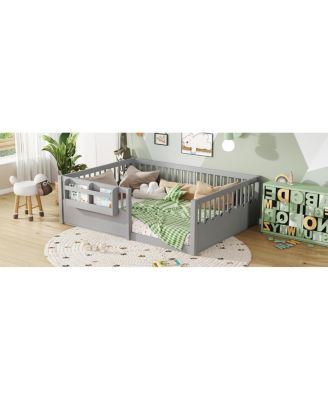 Streamdale Full Floor Bed with Fence and Bookshelf, Wood Kids Floor Bed, Gray.