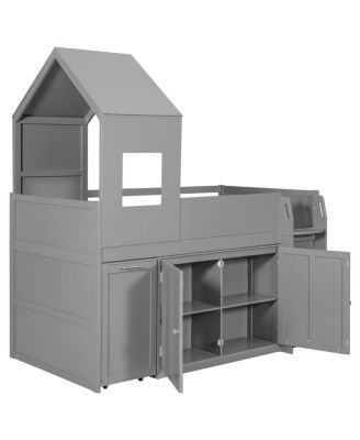 Twin Size Wooden Loft Bed with Desk, Drawers,Cabinets