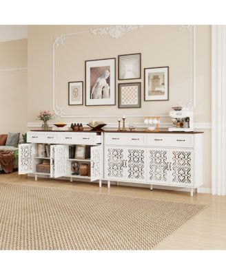 Vintage Sideboard Buffet Cabinet with Hand-Carved Doors & 4 Doors