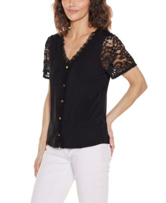 Women's Crochet Lace Sleeve V-Neck Top