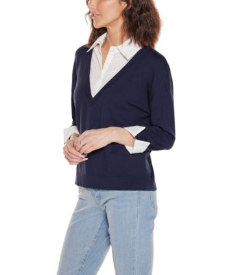 Women's Woven Collar Twofer Sweater