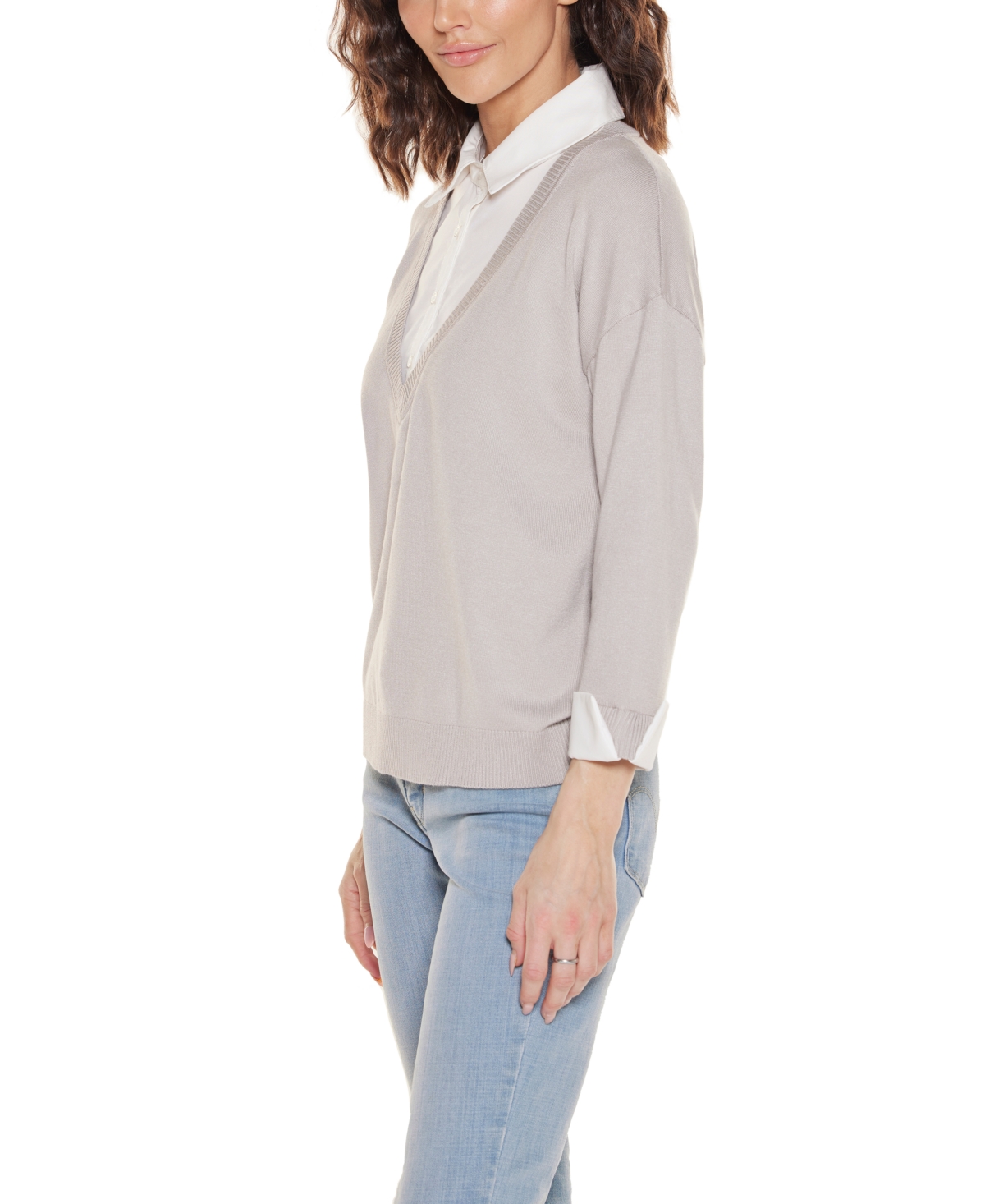 Belldini Women's Woven Collar Twofer Sweater