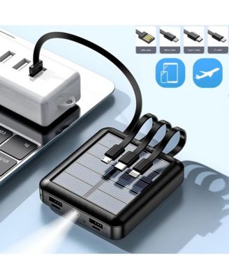 20000mAh Solar Charging Power Bank Fast Charger for Cell Phone Build-in 4 Cables, Strong LED Light, USB Cable, Micro Cable, Type C Cable, LT Cable