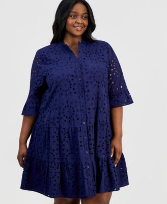 Plus Size Cotton Eyelet Tiered Shirtdress