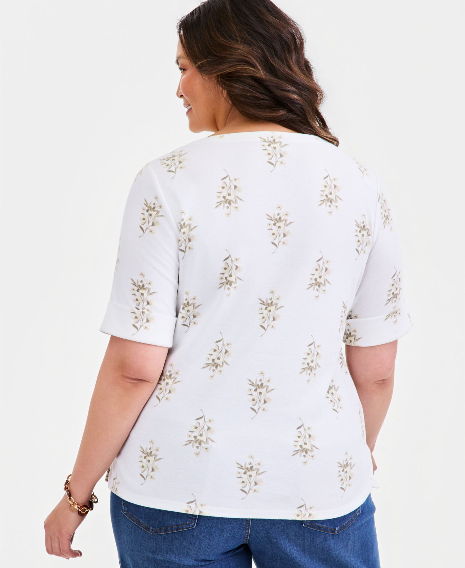 Plus Size Printed Boat-Neck Elbow-Sleeve Top