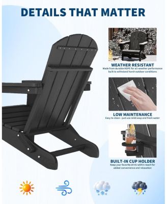 folding Adirondack chair with ottoman, HDPE outdoor patio chair with cup holder, all weather wood texture for patios and gardens.