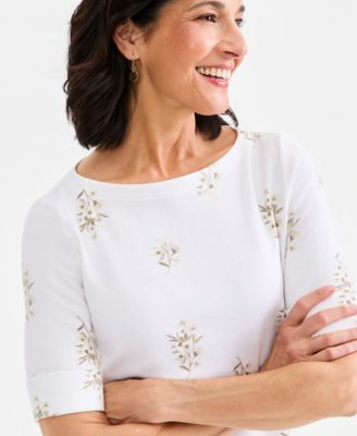 Women's Printed Boat-Neck Elbow-Sleeve Top