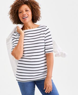 Women's Printed Boat-Neck Elbow-Sleeve Top