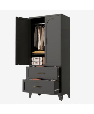 Streamdale 71" Black Metal Wardrobe Cabinet with 2 Drawers, Hanging Rod & Shelf