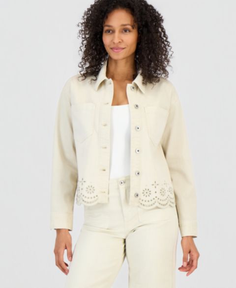 Женские куртки Style & Co Cropped Embroidered Shacket