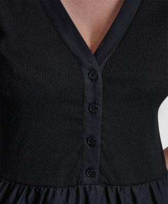 Women's Rib Henley Puff-Sleeve Midi Dress