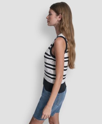 Women's Sleeveless Logo Pointelle Striped Sweater