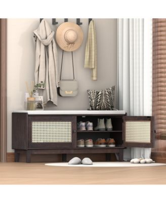 Rattan Shoe Storage Bench, Wooden Shoe Organizer with Cushion, 2 Doors, 2-Tier Shoe Rack and Adjustable Shelves for Entryway, Hallway