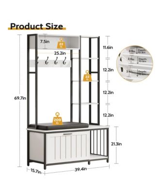 Hall Tree Coat Rack - Flip-top Shoe Cabinet, 5 Storage Compartments, Cushioned Bench, 4 Hooks for Entryway, Hallway