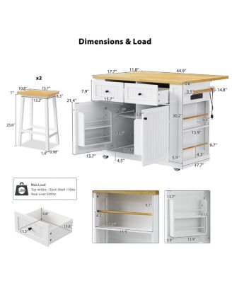  48" Kitchen Island w/ 2 Stools, Power Outlet, Storage, Drop Leaf, 5 Wheels