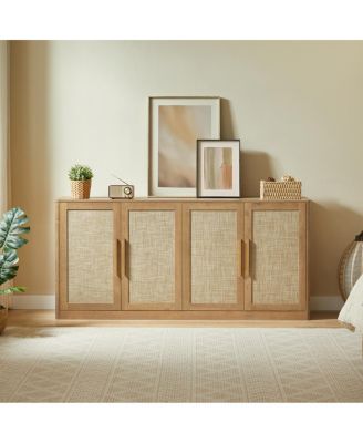67" Rattan 4-Door Boho Buffet Cabinet, Large  Sideboard Credenza