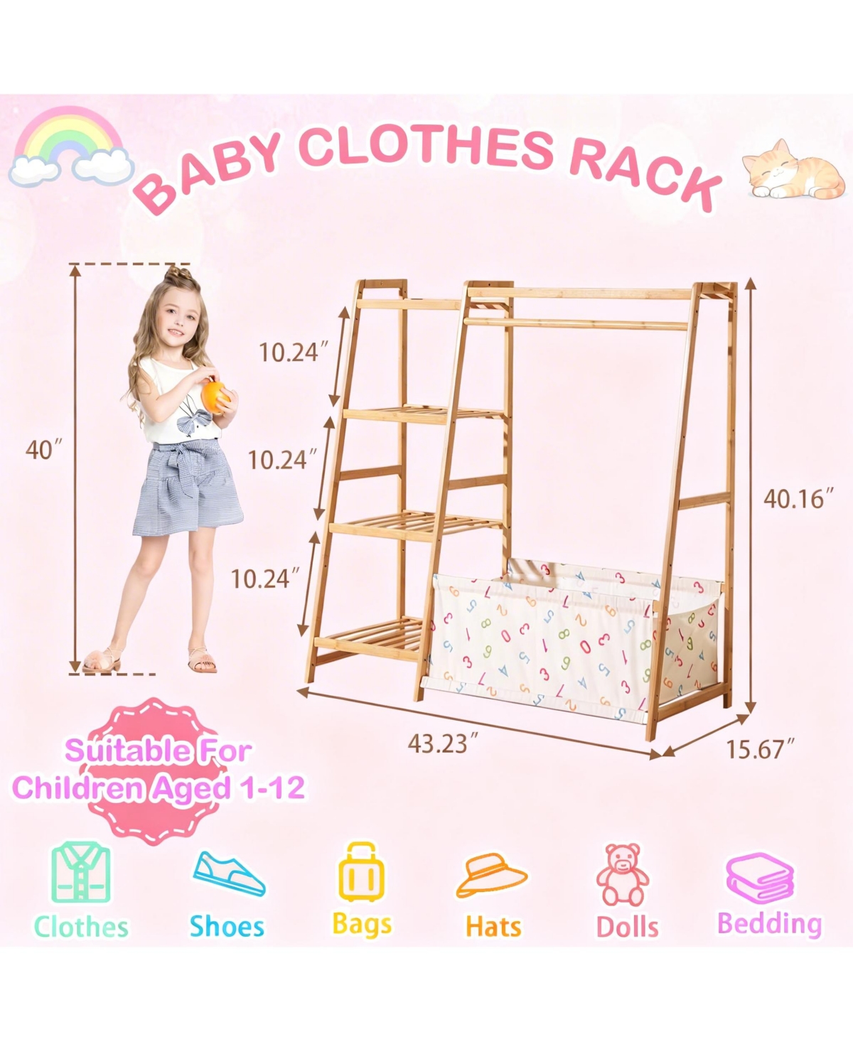 Yigii Children's 5-Tier Storage Rack with Hanging & Concealed Toy Bag