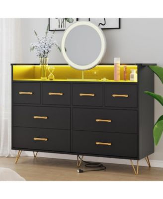  Dresser for Bedroom with LED Light & Charging Station, 8 Drawers Wooden Dressers with Open Space, Modern Chest of Wide Drawers