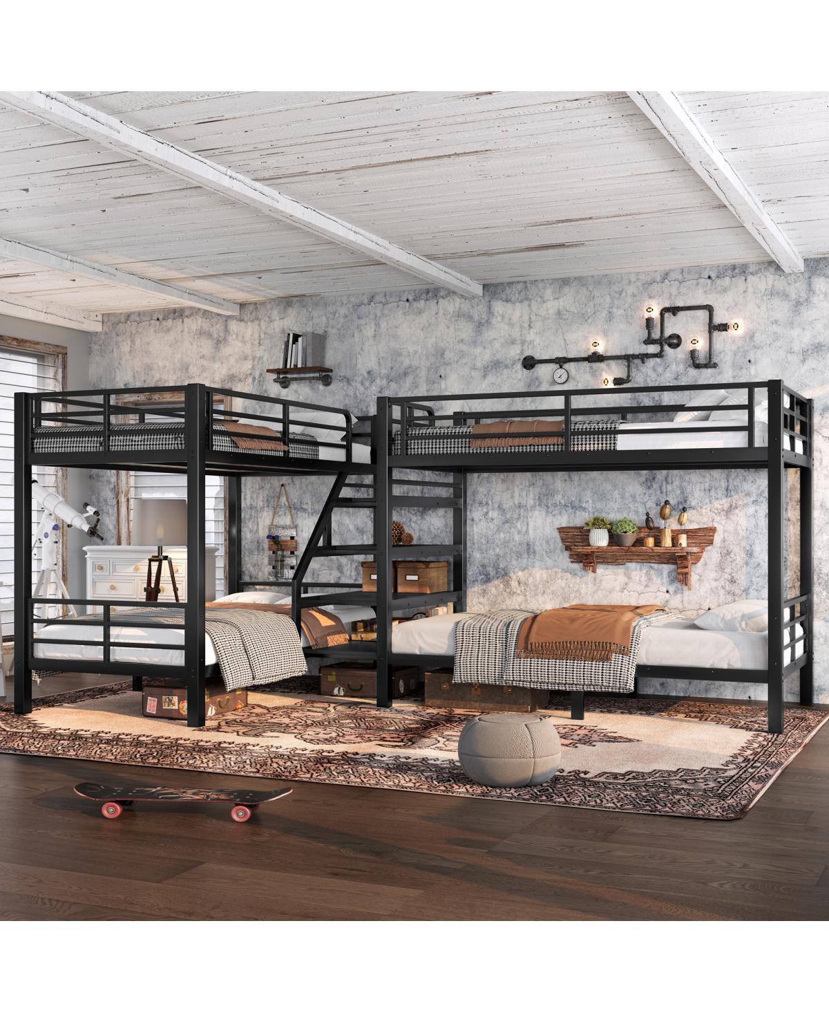 Streamdale Furniture Twin L-Shaped Metal Bunk Bed with Storage Shelves & Guardrail