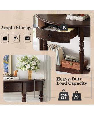 Farmhouse Half Moon Console Table with Drawer & Shelf