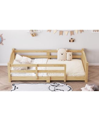  Twin Montessori Floor Bed with Slats, Guardrails, and Fence