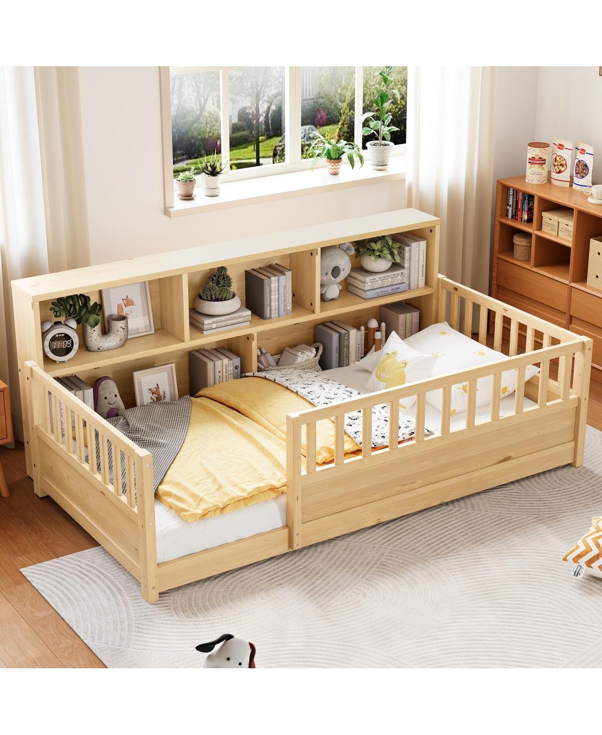 Streamdale Furniture Wood Floor Bed with Fence Guardrail & Side Storage