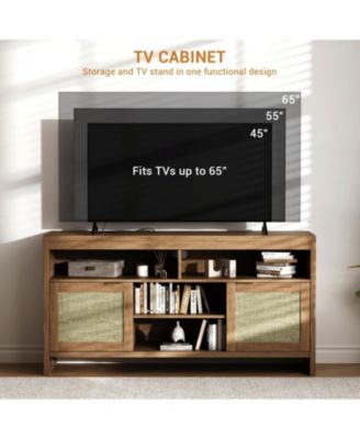 Rattan TV Stand with Storage Place for Living Room, Brown TV Console Cabinet with Shelf, for 45/55/65 in TV, Wood