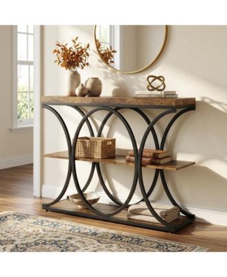 39 Narrow Console Tables for Entryway, Industrial 3-Tier Sofa Table with Round Metal Base and Storage Shelves for Living Room, Hallway, Foyer