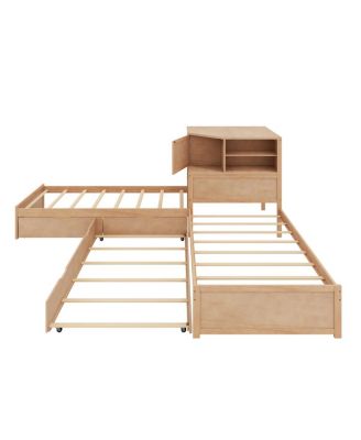  L-Shaped Twin Bed Frame w/ Trundle, Drawer, Desk & LED