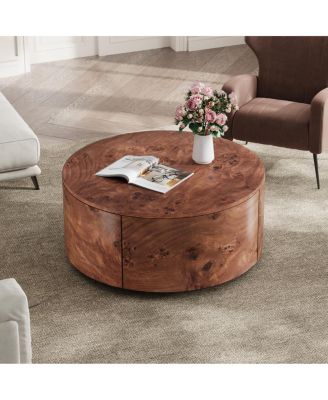  Burl Wood Rotating Coffee Table with 2 Drawers, 360° Rotating Top, Walnut, 28.4"