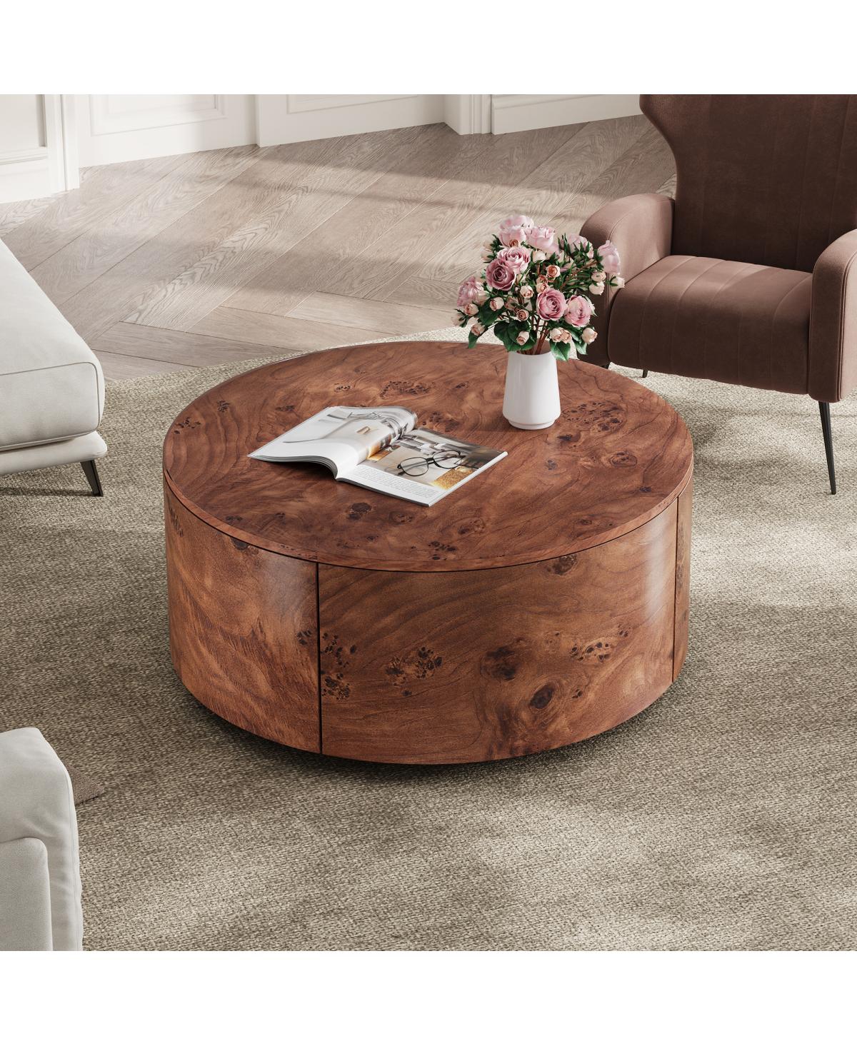 Streamdale Furniture Burl Wood Rotating Coffee Table with 2 Drawers, 360° Rotating Top, Walnut, 28.4"