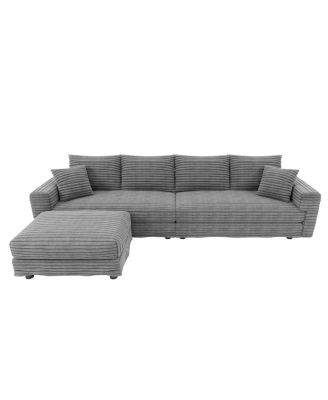 Plush Corduroy 4-Seat Sofa, Modern Comfy Upholstered Cloud Couch with Ottoman