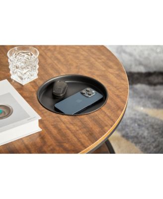  Round antique wood coffee table, 34.64-inch, 2-tier storage, modern design.