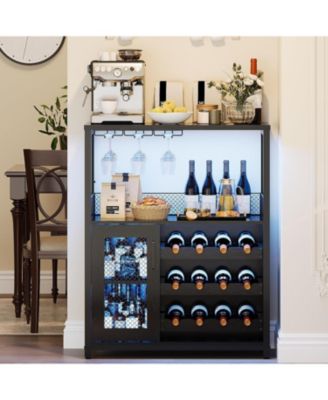 3-Tier Wine Bar Cabinet with LED Detachable Wine Rack and Storage Space Buffet Cabinet with Glass Holder and Mesh Door for Kitchen