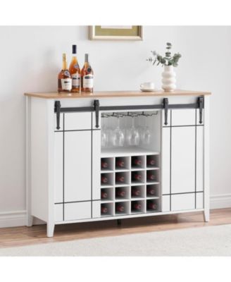 47 Inch Wine Bar Cabinet with Sliding Barn Door Buffet Sideboard Cabinet with 16 Bottle Wine Rack