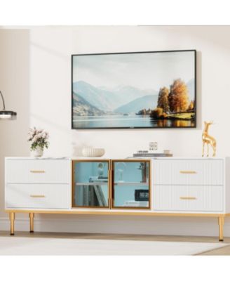 TV Stand with LED Lights, Modern Entertainment Center with 4 Drawers & Shelves & Glass Doors, TV Console Table for TV