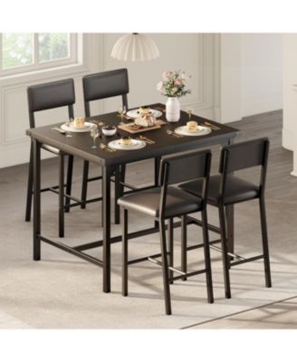 Dining Table Set for 4 w/Footrest and Corner Protector 5-Piece Kitchen Table Set with Counter Height Table and 4 Upholstered Bar Stools