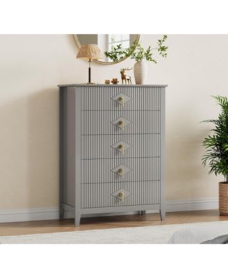 Dresser for Bedroom with 5 Drawers, 32 in Wide Modern Chest of Drawers with Metal Handle, Dresser TV Stand, Wood Drawer Organizer for Bedroom