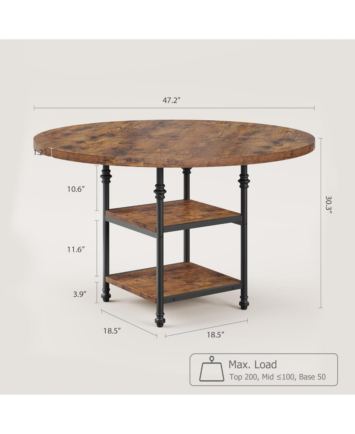 gaomon Round Dining Table with 1.59-Inch-Thick Board Kitchen Table Dinner Table with Storage Shelves and Roman Metal Legs for Dining Room Kitchen