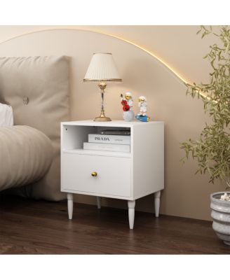 Modern White Nightstand with Drawer & Open Shelf, Bedside Table